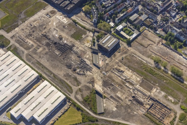 Aerial view, industrial estate of Union Gewerbehof GmbH, Rheinische Straße, ZukunftsCampus, Huckarde, Dortmund, Ruhr area, North Rhine-Westphalia, Germany, construction work, building, construction area, building site, building plots, construction project, construction site, DE, Europe, commercial enterprises, commercial area, commercial area, commercial park, commercial site, commercial use, industrial area, industrial building, industrial site, aerial view, aerial photography, aerial photography, overview, bird's-eye view, former factory site of Hoesch-Spundwand und Profile (HSP), overview