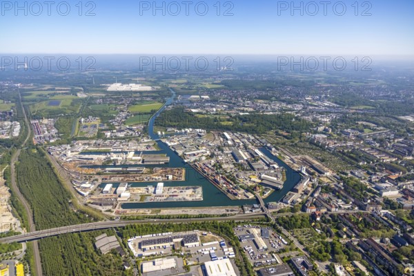 Aerial view, coal harbour of the inland port Dortmunder Hafen AG in Dortmund in the federal state of North Rhine-Westphalia, Germany, Dortmund, Ruhr area, North Rhine-Westphalia, DE, Europe, birds-eyes view, aerial photography, aerial photography, overview, bird's eye view, Dortmund harbour, inland port, Dortmund-Ems canal, freight traffic