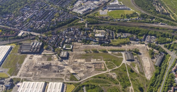 Aerial view, industrial estate of Union Gewerbehof GmbH, Rheinische Straße, ZukunftsCampus, Huckarde, Dortmund, Ruhr area, North Rhine-Westphalia, Germany, construction work, building, construction area, building site, building plots, construction project, construction site, DE, Europe, commercial enterprises, commercial area, commercial area, commercial park, commercial site, commercial use, industrial area, industrial building, industrial site, aerial view, aerial photography, aerial photography, overview, bird's-eye view, former factory site of Hoesch-Spundwand und Profile (HSP), overview