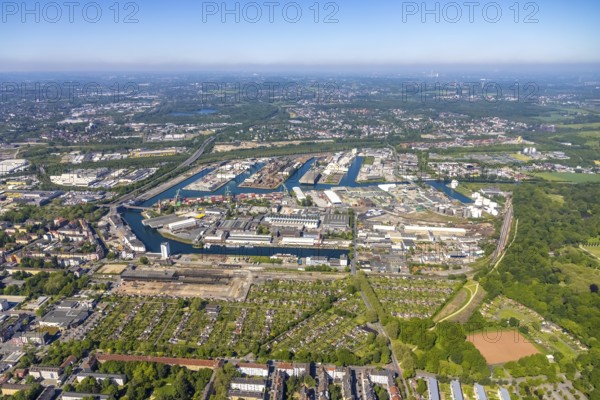 Aerial view, coal harbour of the inland port Dortmunder Hafen AG in Dortmund in the federal state of North Rhine-Westphalia, Germany, Dortmund, Ruhr area, North Rhine-Westphalia, DE, Europe, birds-eyes view, aerial photography, aerial photography, overview, bird's eye view, Dortmund harbour, inland port, Dortmund-Ems canal, freight traffic