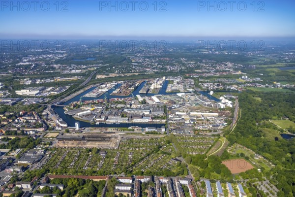 Aerial view, coal harbour of the inland port Dortmunder Hafen AG in Dortmund in the federal state of North Rhine-Westphalia, Germany, Dortmund, Ruhr area, North Rhine-Westphalia, DE, Europe, birds-eyes view, aerial photography, aerial photography, overview, bird's eye view, Dortmund harbour, inland port, Dortmund-Ems canal, freight traffic
