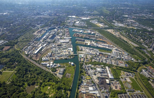 Aerial view, coal harbour of the inland port Dortmunder Hafen AG in Dortmund in the federal state of North Rhine-Westphalia, Germany, Dortmund, Ruhr area, North Rhine-Westphalia, DE, Europe, birds-eyes view, aerial photography, aerial photography, overview, bird's eye view, Dortmund harbour, inland port, Dortmund-Ems canal, freight traffic