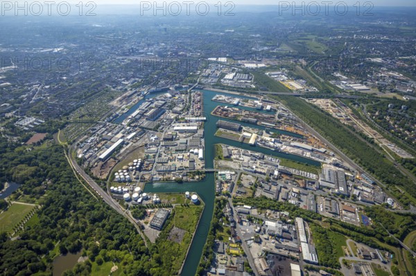 Aerial view, coal harbour of the inland port Dortmunder Hafen AG in Dortmund in the federal state of North Rhine-Westphalia, Germany, Dortmund, Ruhr area, North Rhine-Westphalia, DE, Europe, birds-eyes view, aerial photography, aerial photography, overview, bird's eye view, Dortmund harbour, inland port, Dortmund-Ems canal, freight traffic