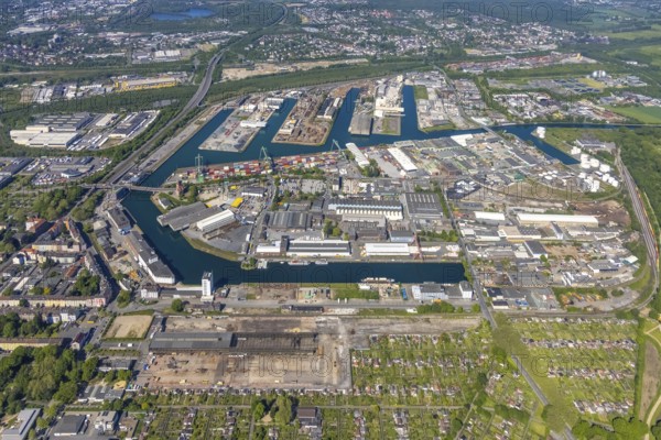 Aerial view, coal harbour of the inland port Dortmunder Hafen AG in Dortmund in the federal state of North Rhine-Westphalia, Germany, Dortmund, Ruhr area, North Rhine-Westphalia, DE, Europe, birds-eyes view, aerial photography, aerial photography, overview, bird's eye view, Dortmund harbour, inland port, Dortmund-Ems canal, freight traffic