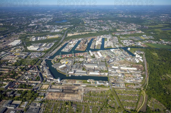 Aerial view, coal harbour of the inland port Dortmunder Hafen AG in Dortmund in the federal state of North Rhine-Westphalia, Germany, Dortmund, Ruhr area, North Rhine-Westphalia, DE, Europe, birds-eyes view, aerial photography, aerial photography, overview, bird's eye view, Dortmund harbour, inland port, Dortmund-Ems canal, freight traffic