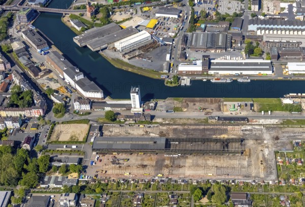 Aerial view, coal harbour of the inland port Dortmunder Hafen AG in Dortmund in the federal state of North Rhine-Westphalia, Germany, Dortmund, Ruhr area, North Rhine-Westphalia, DE, Europe, birds-eyes view, aerial photography, aerial photography, overview, bird's eye view, Dortmund harbour, inland port, Dortmund-Ems canal, freight traffic