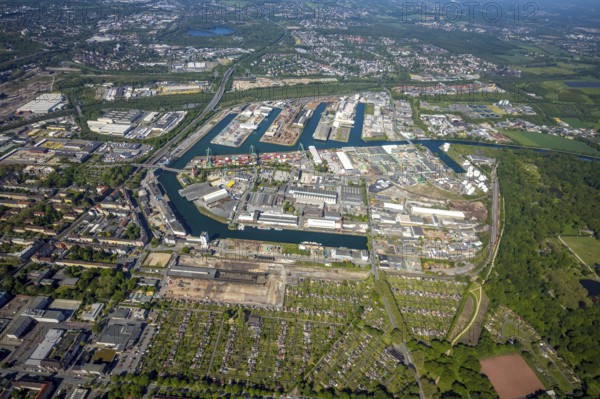 Aerial view, coal harbour of the inland port Dortmunder Hafen AG in Dortmund in the federal state of North Rhine-Westphalia, Germany, Dortmund, Ruhr area, North Rhine-Westphalia, DE, Europe, birds-eyes view, aerial photography, aerial photography, overview, bird's eye view, Dortmund harbour, inland port, Dortmund-Ems canal, freight traffic