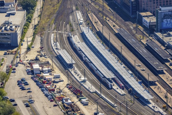Aerial view, construction work at Dortmund main station, Dorstfelder Brücke, Dortmund, Ruhr area, North Rhine-Westphalia, Germany, railway tracks, railway station, station forecourt, construction work, construction area, construction site, construction project, construction site, DE, Deutsche Bahn AG, Europe, main station, central station, aerial view, aerial photography, aerial photography, overview, bird's-eye view, bird's-eye view, overview
