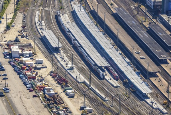 Aerial view, construction work at Dortmund main station, Dorstfelder Brücke, Dortmund, Ruhr area, North Rhine-Westphalia, Germany, railway tracks, railway station, station forecourt, construction work, construction area, construction site, construction project, construction site, DE, Deutsche Bahn AG, Europe, main station, central station, aerial view, aerial photography, aerial photography, overview, bird's-eye view, bird's-eye view, overview