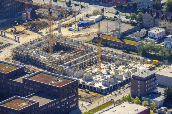 Aerial view, construction site residential complex at the Dortmunder U-Tower, Dortmunder U with the Ostwall Museum, Leisure Centre West, Dorstfelder Brücke, Dortmund, Ruhr area, North Rhine-Westphalia, Germany, construction work, building, construction area, building site, building plots, construction crane, construction, construction project, construction site, DE, Dortmunder U Centre for Art and Creativity, Emil-Moog-Platz, Europe, FZW, aerial view, aerial photography, aerial photography, new building, overview, bird's-eye view, Centre for Art and Creativity, birds-eyes view, overview