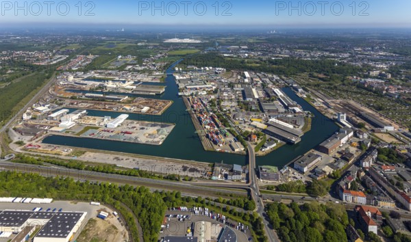 Aerial view, coal harbour of the inland port Dortmunder Hafen AG in Dortmund in the federal state of North Rhine-Westphalia, Germany, Dortmund, Ruhr area, North Rhine-Westphalia, DE, Europe, birds-eyes view, aerial photography, aerial photography, overview, bird's eye view, Dortmund harbour, inland port, Dortmund-Ems canal, freight traffic