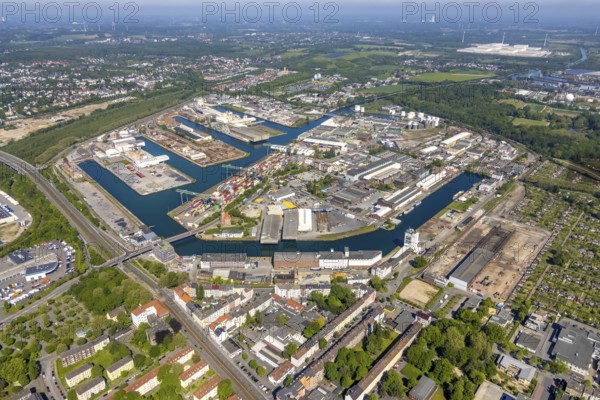Aerial view, coal harbour of the inland port Dortmunder Hafen AG in Dortmund in the federal state of North Rhine-Westphalia, Germany, Dortmund, Ruhr area, North Rhine-Westphalia, DE, Europe, birds-eyes view, aerial photography, aerial photography, overview, bird's eye view, Dortmund harbour, inland port, Dortmund-Ems canal, freight traffic