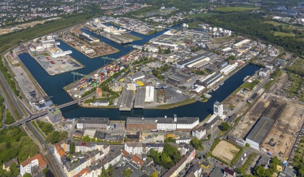 Aerial view, coal harbour of the inland port Dortmunder Hafen AG in Dortmund in the federal state of North Rhine-Westphalia, Germany, Dortmund, Ruhr area, North Rhine-Westphalia, DE, Europe, birds-eyes view, aerial photography, aerial photography, overview, bird's eye view, Dortmund harbour, inland port, Dortmund-Ems canal, freight traffic