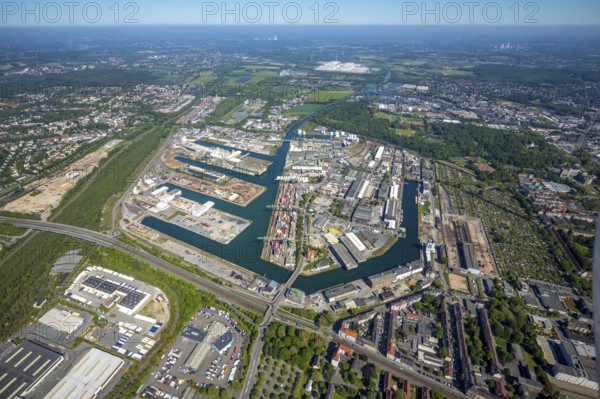 Aerial view, coal harbour of the inland port Dortmunder Hafen AG in Dortmund in the federal state of North Rhine-Westphalia, Germany, Dortmund, Ruhr area, North Rhine-Westphalia, DE, Europe, birds-eyes view, aerial photography, aerial photography, overview, bird's eye view, Dortmund harbour, inland port, Dortmund-Ems canal, freight traffic