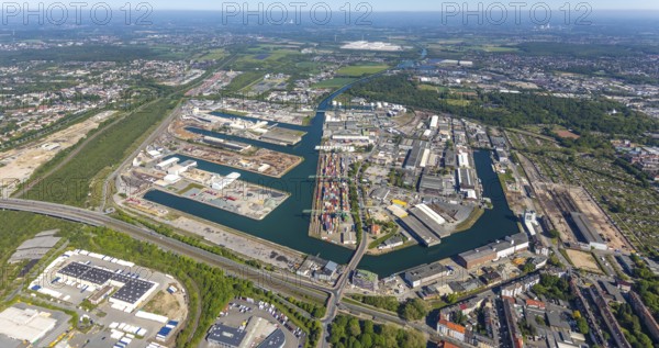 Aerial view, coal harbour of the inland port Dortmunder Hafen AG in Dortmund in the federal state of North Rhine-Westphalia, Germany, Dortmund, Ruhr area, North Rhine-Westphalia, DE, Europe, birds-eyes view, aerial photography, aerial photography, overview, bird's eye view, Dortmund harbour, inland port, Dortmund-Ems canal, freight traffic