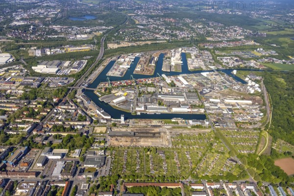 Aerial view, coal harbour of the inland port Dortmunder Hafen AG in Dortmund in the federal state of North Rhine-Westphalia, Germany