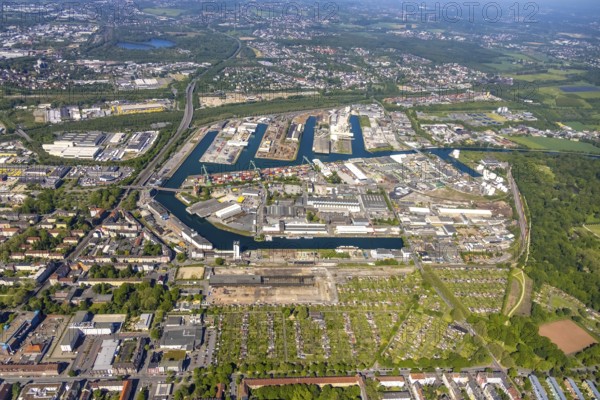Aerial view, coal harbour of the inland port Dortmunder Hafen AG in Dortmund in the federal state of North Rhine-Westphalia, Germany, Dortmund, Ruhr area, North Rhine-Westphalia, DE, Europe, birds-eyes view, aerial photography, aerial photography, overview, bird's eye view, Dortmund harbour, inland port, Dortmund-Ems canal, freight traffic