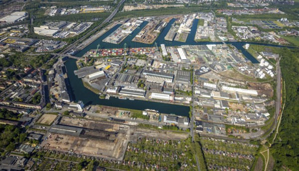 Aerial view, coal harbour of the inland port Dortmunder Hafen AG in Dortmund in the federal state of North Rhine-Westphalia, Germany, Dortmund, Ruhr area, North Rhine-Westphalia, DE, Europe, birds-eyes view, aerial photography, aerial photography, overview, bird's eye view, Dortmund harbour, inland port, Dortmund-Ems canal, freight traffic
