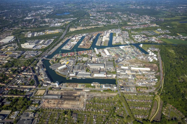 Aerial view, coal harbour of the inland port Dortmunder Hafen AG in Dortmund in the federal state of North Rhine-Westphalia, Germany, Dortmund, Ruhr area, North Rhine-Westphalia, DE, Europe, birds-eyes view, aerial photography, aerial photography, overview, bird's eye view, Dortmund harbour, inland port, Dortmund-Ems canal, freight traffic