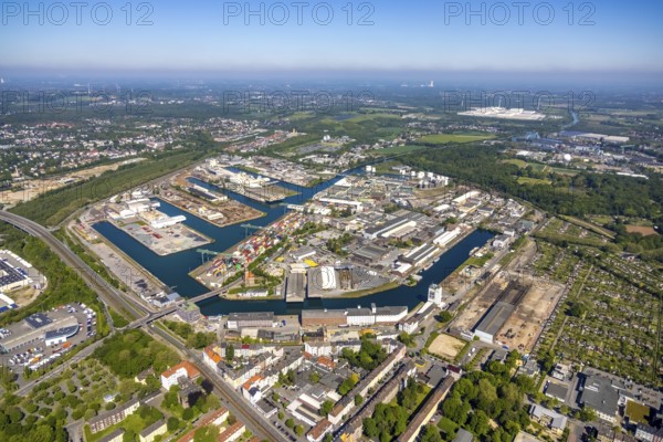 Aerial view, coal harbour of the inland port Dortmunder Hafen AG in Dortmund in the federal state of North Rhine-Westphalia, Germany, Dortmund, Ruhr area, North Rhine-Westphalia, DE, Europe, birds-eyes view, aerial photography, aerial photography, overview, bird's eye view, Dortmund harbour, inland port, Dortmund-Ems canal, freight traffic
