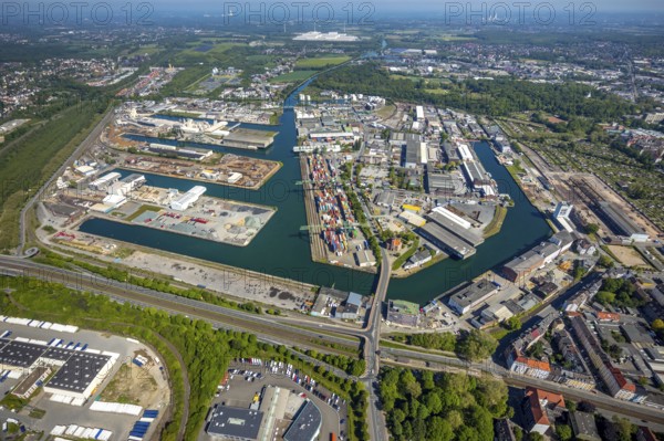Aerial view, coal harbour of the inland port Dortmunder Hafen AG in Dortmund in the federal state of North Rhine-Westphalia, Germany, Dortmund, Ruhr area, North Rhine-Westphalia, DE, Europe, birds-eyes view, aerial photography, aerial photography, overview, bird's eye view, Dortmund harbour, inland port, Dortmund-Ems canal, freight traffic