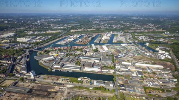 Aerial view, coal harbour of the inland port Dortmunder Hafen AG in Dortmund in the federal state of North Rhine-Westphalia, Germany, Dortmund, Ruhr area, North Rhine-Westphalia, DE, Europe, birds-eyes view, aerial photography, aerial photography, overview, bird's eye view, Dortmund harbour, inland port, Dortmund-Ems canal, freight traffic