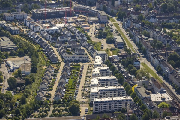 Aerial view, new development area at Ostbahnhof and new construction Kaiserquartier, City, Dortmund, Ruhr area, North Rhine-Westphalia, Germany, construction work, construction area, construction site, building plots, construction project, construction site, DE, Europe, property tax, real estate, aerial view, aerial photography, aerial photography, new construction, overview, bird's eye view, residential complex, living and living, residential area, residential buildings, birds-eyes view, overview