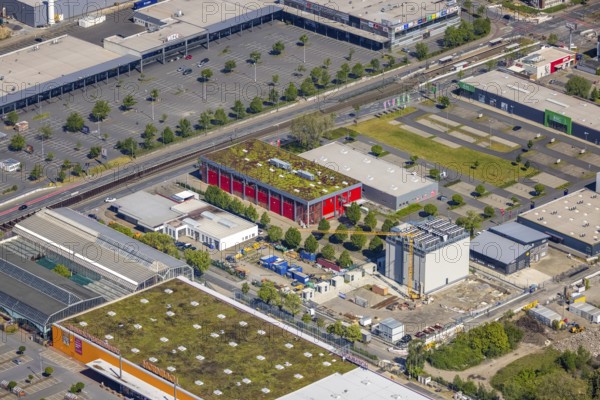 Aerial view, construction site at the Bornstraße industrial estate, WEZ - Westfalen shopping centre, Borsigplatz, Dortmund, Ruhr area, North Rhine-Westphalia, Germany, construction work, construction site, building plots, construction project, construction site, DE, Europe, aerial view, aerial photography, aerial photography, overview, bird's-eye view, overview
