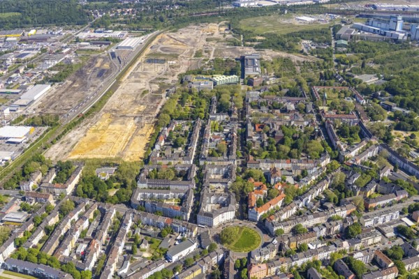 Aerial view, construction site former Westfalenhütte, Kaiserbrunnen, Borsigplatz, Dortmund, Ruhr area, North Rhine-Westphalia, Germany, construction work, construction area, construction site, building plots, construction project, construction site, DE, Europe, aerial view, aerial photography, aerial photography, overview, bird's-eye view, overview