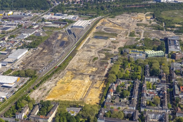 Aerial view, construction site former Westfalenhütte, Kaiserbrunnen, Dortmund, Ruhr area, North Rhine-Westphalia, Germany, construction work, construction area, construction site, building plots, construction project, construction site, DE, Europe, aerial view, aerial photography, aerial photography, overview, bird's-eye view, overview
