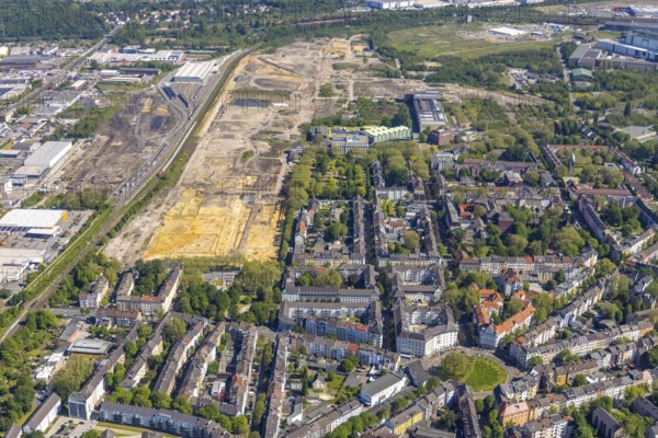 Aerial view, construction site former Westfalenhütte, Kaiserbrunnen, Borsigplatz, Dortmund, Ruhr area, North Rhine-Westphalia, Germany, construction work, construction area, construction site, building plots, construction project, construction site, DE, Europe, aerial view, aerial photography, aerial photography, overview, bird's-eye view, overview