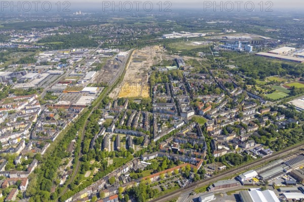 Aerial view, construction site former Westfalenhütte, Kaiserbrunnen, Borsigplatz, Dortmund, Ruhr area, North Rhine-Westphalia, Germany, construction work, construction area, construction site, building plots, construction project, construction site, DE, Europe, aerial view, aerial photography, aerial photography, overview, bird's-eye view, overview