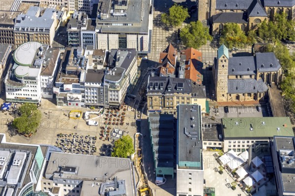Aerial view, outdoor catering Alter Markt with brass fountain, Evang. Stadtkirche St Marien, construction site, city, Dortmund, Ruhr area, North Rhine-Westphalia, Germany, place of worship, outdoor gastronomy, construction work, construction area, construction site, construction project, fountain, DE, Europe, shapes and colours, gastronomy, religious community, place of worship, holy place, church, parish, denomination, aerial view, aerial photography, aerial photography, religion, religious site, tables and chairs, overview, bird's eye view, birds-eyes view, overview