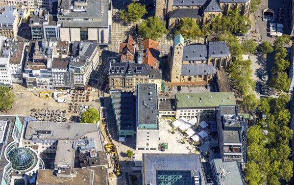 Aerial view, outdoor catering Alter Markt with brass fountain, Evang. Stadtkirche St Marien, construction site, city, Dortmund, Ruhr area, North Rhine-Westphalia, Germany, place of worship, outdoor gastronomy, construction work, construction area, construction site, construction project, fountain, DE, Europe, shapes and colours, gastronomy, religious community, place of worship, holy place, church, parish, denomination, aerial view, aerial photography, aerial photography, religion, religious site, tables and chairs, overview, bird's eye view, birds-eyes view, overview