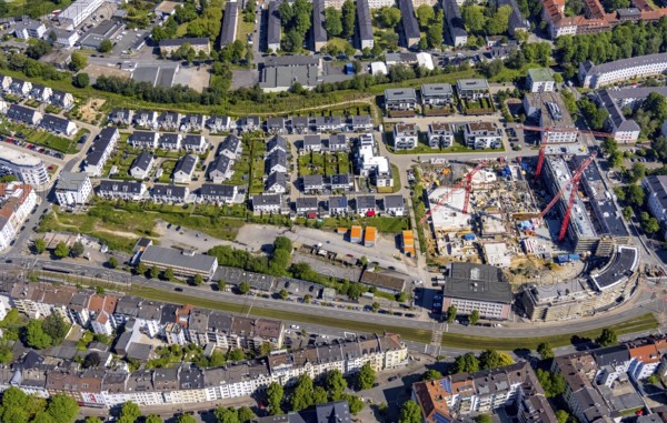Aerial view, new development area at Ostbahnhof and new development area Kaiserquartier, City, Dortmund, Ruhr area, North Rhine-Westphalia, Germany, construction work, construction, construction area, construction site, building plots, construction project, construction site, DE, Europe, property tax, real estate, aerial view, aerial photography, aerial photography, new construction, overview, bird's eye view, residential complex, living and living, residential area, residential buildings, quality of living, birds-eyes view, overview