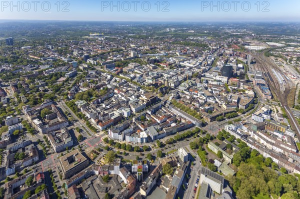 Aerial view, city of Dortmund, city centre view with wall, RWE Tower black skyscraper, Kaiserbrunnen, Dortmund, Ruhr area, North Rhine-Westphalia, Germany, City, Cityring, DE, Europe, city centre, aerial view, aerial photography, aerial photography, aerial view, townscape, city centre, overview, bird's eye view, overview