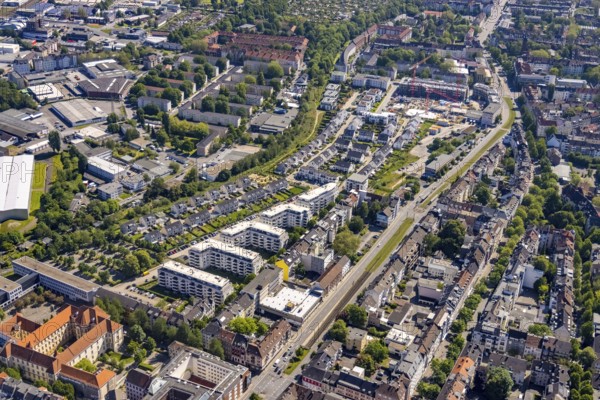 Aerial view, new development area at Ostbahnhof and new development area Kaiserquartier, City, Dortmund, Ruhr area, North Rhine-Westphalia, Germany, construction work, construction area, construction site, building plots, construction project, construction site, DE, Europe, property tax, real estate, aerial view, aerial photography, aerial photography, new construction, overview, bird's eye view, residential complex, living and living, residential area, residential buildings, birds-eyes view, overview