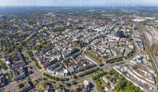 Aerial view, city of Dortmund, city centre view with wall, RWE Tower black skyscraper, Kaiserbrunnen, Dortmund, Ruhr area, North Rhine-Westphalia, Germany, City, Cityring, DE, Europe, city centre, aerial view, aerial photography, aerial photography, aerial view, townscape, city centre, overview, bird's eye view, overview