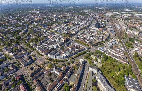 Aerial view, city of Dortmund, city centre view with wall, RWE Tower black skyscraper, Kaiserbrunnen, Dortmund, Ruhr area, North Rhine-Westphalia, Germany, City, Cityring, DE, Europe, distant view, city centre, aerial view, aerial photography, aerial photography, townscape, city area, city centre, overview, bird's-eye view, birds-eyes view, overview