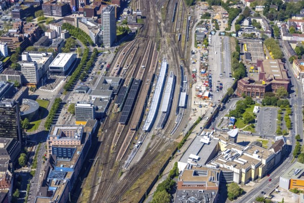 Aerial view, construction work at Dortmund main station, Nordmarkt, Dortmund, Ruhr area, North Rhine-Westphalia, Germany, railway tracks, railway station, station forecourt, construction work, construction area, construction site, construction project, construction site, DE, Deutsche Bahn AG, Europe, main station, central station, aerial view, aerial photography, aerial photography, Postbank building, overview, bird's-eye view, overview