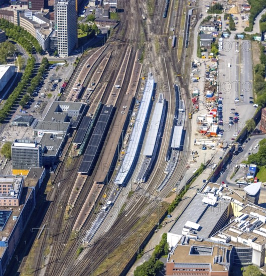 Aerial view, construction work at Dortmund main station, Nordmarkt, Dortmund, Ruhr area, North Rhine-Westphalia, Germany, railway tracks, railway station, station forecourt, construction work, construction area, construction site, construction project, construction site, DE, Deutsche Bahn AG, Europe, main station, central station, aerial view, aerial photography, aerial photography, overview, bird's-eye view, bird's-eye view, overview