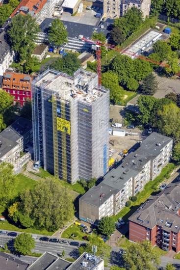 Aerial view, construction site demolition high-rise building, Kielstraße corner Heiligegartenstraße, City, Dortmund, Ruhr area, North Rhine-Westphalia, Germany, demolition work, construction work, construction area, construction site, building plots, construction project, construction site, DE, Europe, horror high-rise building, aerial view, aerial photography, aerial photography, overview, bird's eye view, advertising poster cup winner 2021, birds-eyes view, overview