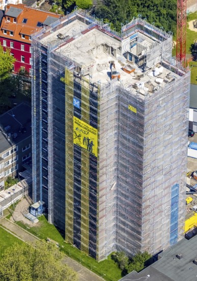 Aerial view, construction site demolition high-rise building, Kielstraße corner Heiligegartenstraße, City, Dortmund, Ruhr area, North Rhine-Westphalia, Germany, demolition work, construction work, construction area, construction site, building plots, construction project, construction site, DE, Europe, horror high-rise building, aerial view, aerial photography, aerial photography, overview, bird's eye view, advertising poster cup winner 2021, birds-eyes view, overview
