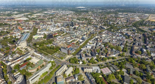 Aerial view, city of Dortmund, city centre view with wall, RWE Tower black skyscraper, Kaiserbrunnen, Dortmund, Ruhr area, North Rhine-Westphalia, Germany, City, Cityring, DE, Europe, distant view, city centre, aerial view, aerial photography, aerial photography, townscape, city area, city centre, overview, bird's-eye view, birds-eyes view, overview