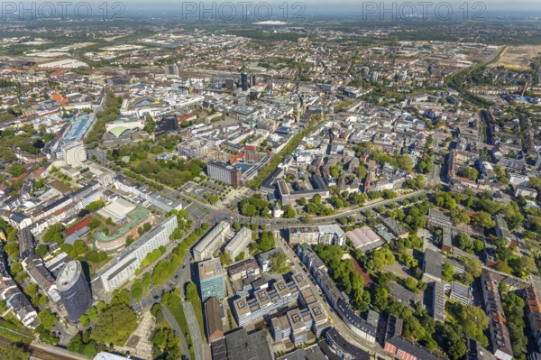 Aerial view, city of Dortmund, city centre view with wall, RWE Tower black skyscraper, Kaiserbrunnen, Dortmund, Ruhr area, North Rhine-Westphalia, Germany, City, Cityring, DE, Europe, distant view, city centre, aerial view, aerial photography, aerial photography, townscape, city area, city centre, overview, bird's-eye view, birds-eyes view, overview