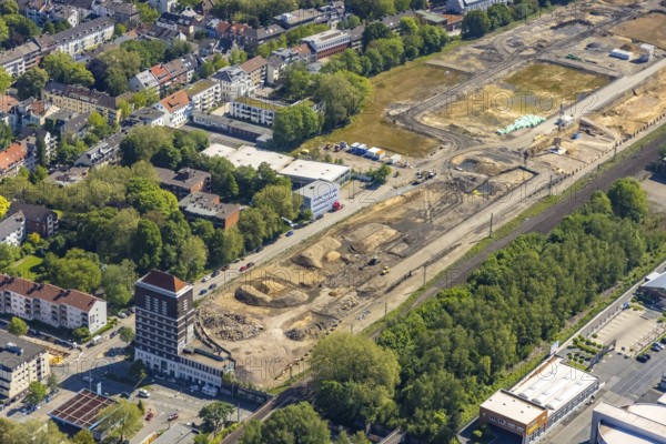 Aerial view, construction site Kronzprinzenviertel for new construction of residential units, Am Wasserturm Südbahnhof, Ruhrallee, Dortmund, Ruhr area, North Rhine-Westphalia, Germany, construction work, building monument, construction, construction area, building site, building plots, construction project, construction site, DE, monument, Europe, aerial view, aerial photography, aerial photography, tower, overview, bird's-eye view, overview
