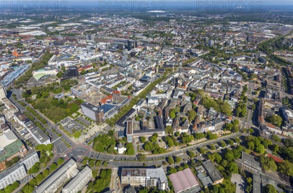 Aerial view, city of Dortmund, city centre view with wall, RWE Tower black skyscraper, Kaiserbrunnen, Dortmund, Ruhr area, North Rhine-Westphalia, Germany, City, Cityring, DE, Europe, distant view, city centre, aerial view, aerial photography, aerial photography, townscape, city area, city centre, overview, bird's-eye view, birds-eyes view, overview