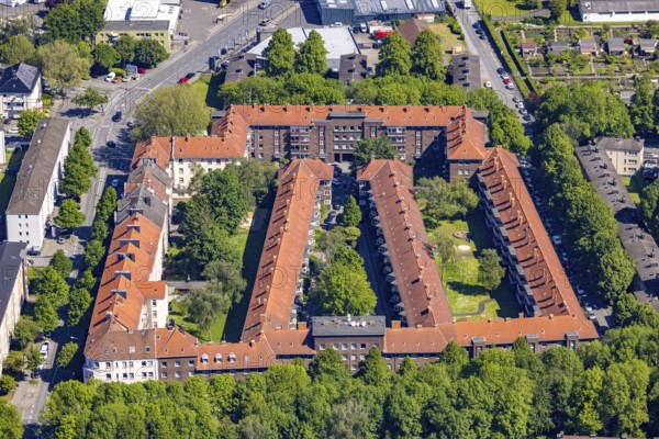 Aerial view, Lenteninsel housing estate with red roofs, Kaiserbrunnen, Dortmund, Ruhr area, North Rhine-Westphalia, Germany, DE, Europe, property tax, green trees, real estate, aerial view, aerial photography, aerial photography, overview, bird's-eye view, housing estate, housing and living, residential area, residential buildings, housing quality, residential neighbourhood, housing estate, birds-eyes view, overview