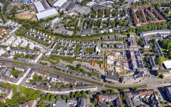 Aerial view, new development area at Ostbahnhof and new development area Kaiserquartier, City, Dortmund, Ruhr area, North Rhine-Westphalia, Germany, construction work, construction, construction area, construction site, building plots, construction project, construction site, DE, Europe, property tax, real estate, aerial view, aerial photography, aerial photography, new construction, overview, bird's eye view, residential complex, living and living, residential area, residential buildings, quality of living, birds-eyes view, overview