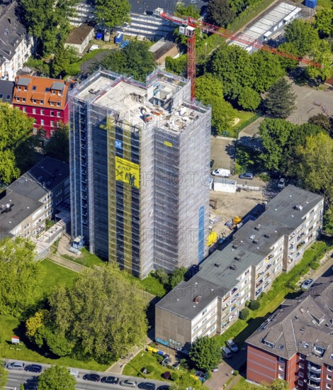 Aerial view, construction site demolition high-rise building, Kielstraße corner Heiligegartenstraße, City, Dortmund, Ruhr area, North Rhine-Westphalia, Germany, demolition work, construction work, construction area, construction site, building plots, construction project, construction site, DE, Europe, horror high-rise building, aerial view, aerial photography, aerial photography, overview, bird's eye view, advertising poster cup winner 2021, birds-eyes view, overview